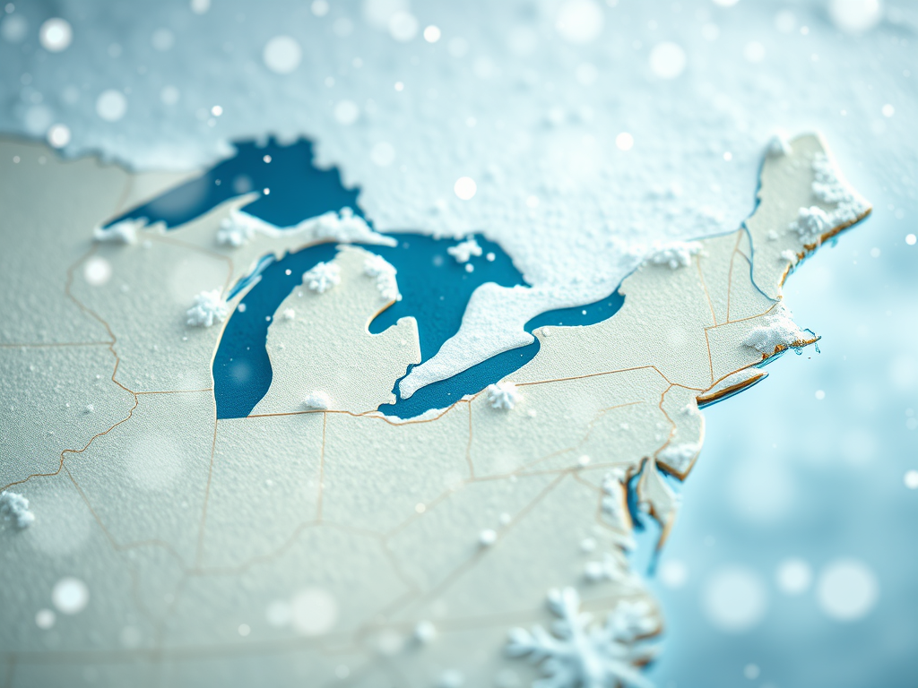 AI generated image of map of northeastern US with snowflakes.
