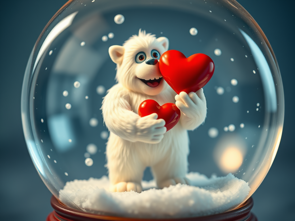 AI generated image of a snowglobe containing snowflakes and a bear-like white yeti holding two red puffy hearts.
