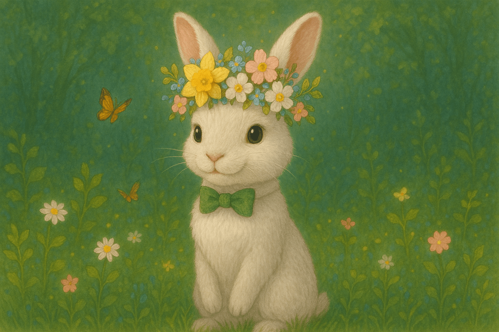 Retro painting-style AI-generated white bunny wearing a flower crown and bowtie, surrounded by spring blossoms and butterflies.